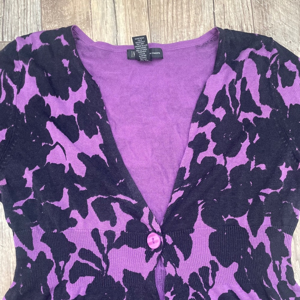 International Concepts Purple Black Floral Silk Cotton Blend Cardigan Sweater XL